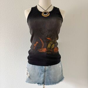 Y2K Faded Black Distressed Tank Top w/ Angel Graphic Whimsygoth Fairy Boho S/M